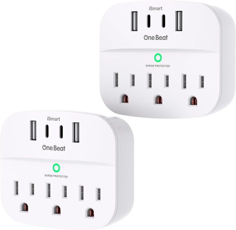 One Beat 2 Pack Multi Plug Outlet Splitter with USB,Surge Protector Outlet Extender with 3 Wall Outlets 4 USB Wall Charger(2 USB C),490 J, ETL Listed,Small Outlet Adapter Plug Extender for Travel,WH - Image 1